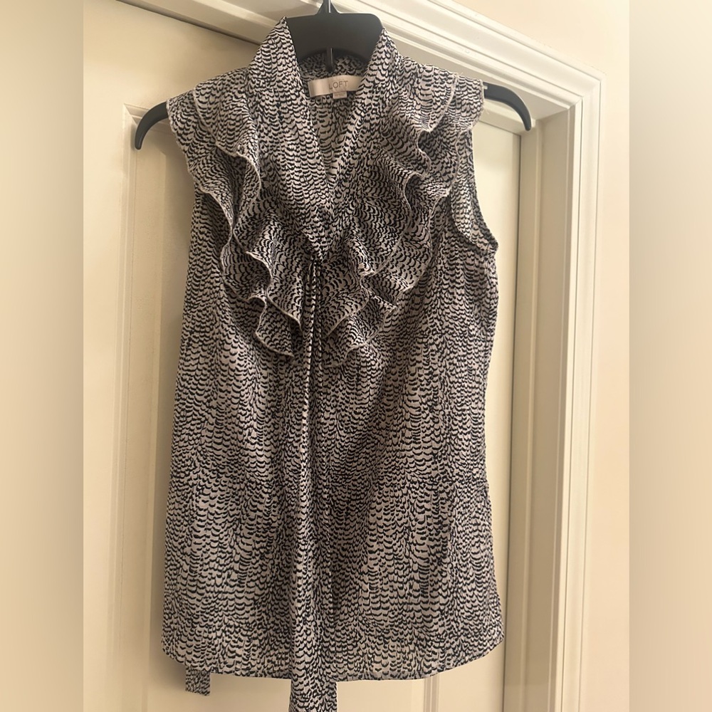 (3 for $30) LOFT White and Black Ruffled Blouse